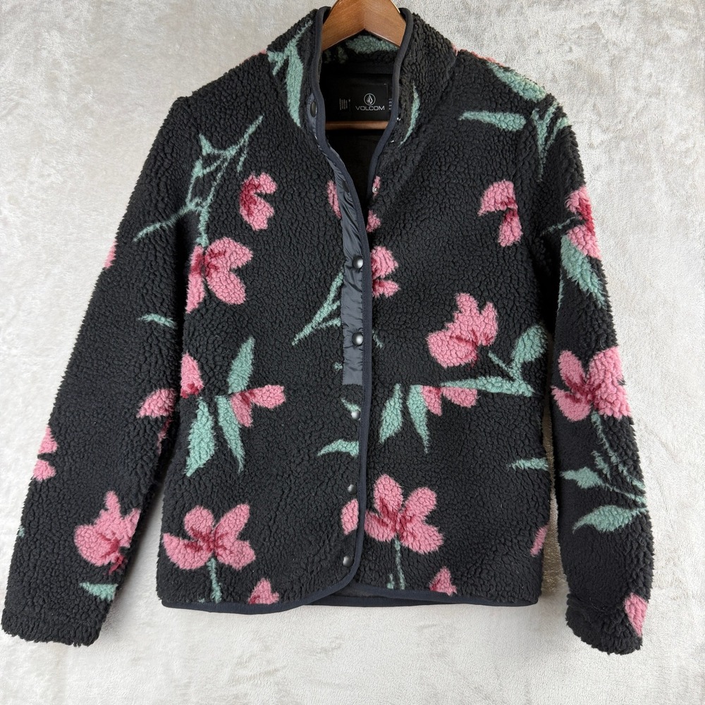 Volcom Floral Sherpa Fleece Jacket Mock Neck Snap Button Black Pink XS